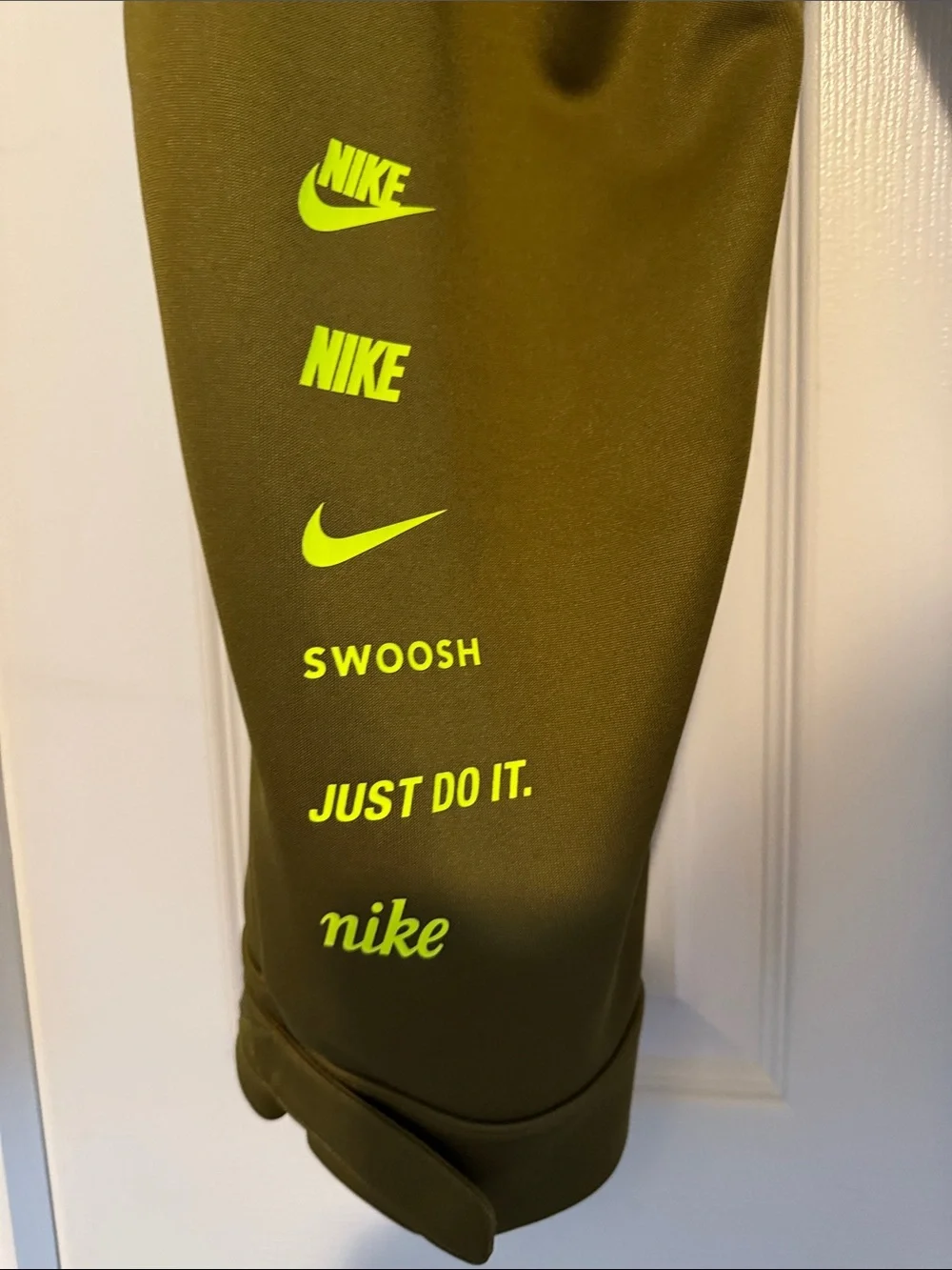 Nike Olive Green Track Ankle Length Joggers with Neon Yellow Swoosh